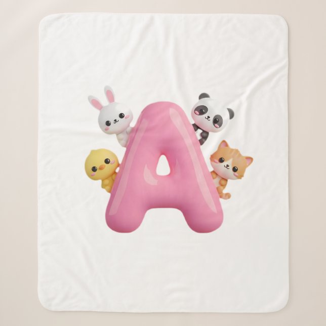 Pink Letter A Forest Animals Baby Sherpa Blanket (Front)