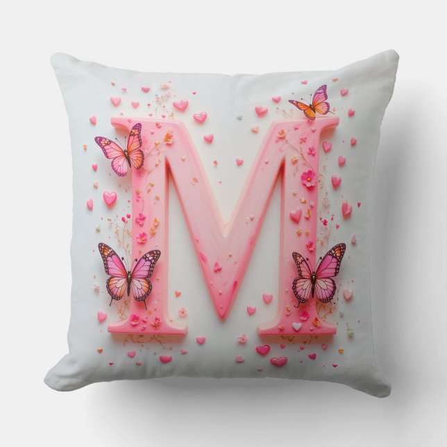 Pink Letter M Design With Butterflies Cushion (Front)