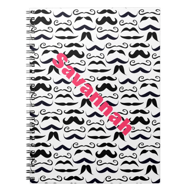 Pink Lettered Name Mustache Hipster Pattern Spiral Notebook (Front)