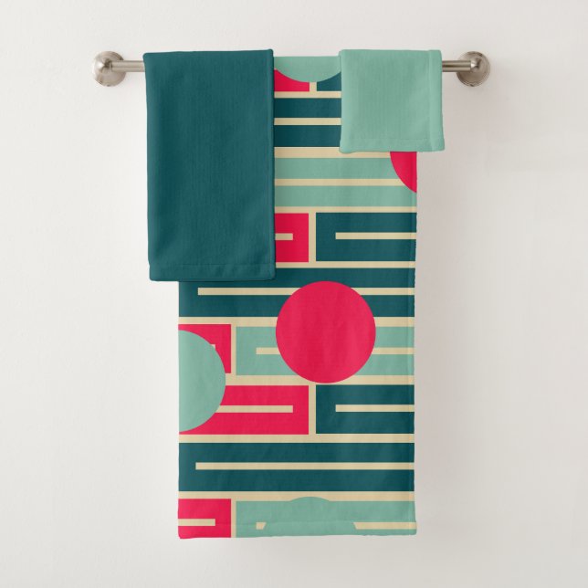 Pink, Light Blue, Teal Rectangles and Circles  Bat Bath Towel Set (Insitu)