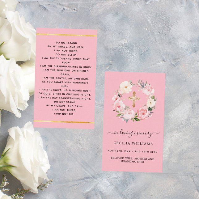 Pink light florals cross funeral prayer card (Creator Uploaded)