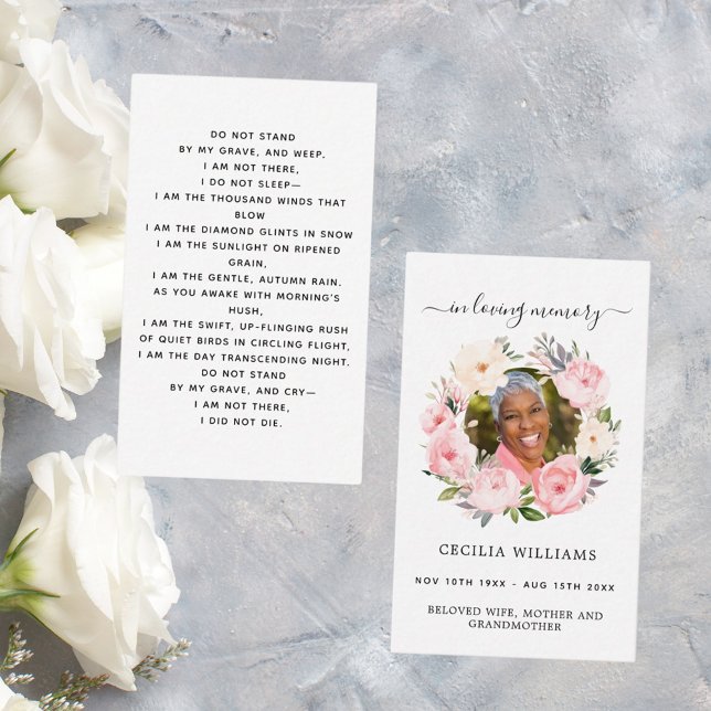 Pink light photo floral wreath funeral prayer card (Creator Uploaded)