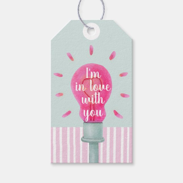 Pink Lightbulb Heart Stripes Gift Tag (Front)