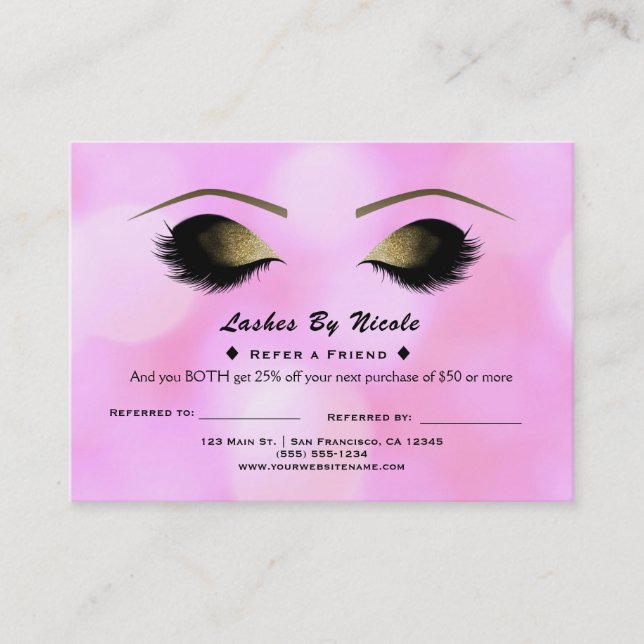 Pink Lights Glam Lashes Refer Friend Aftercare Referral Card (Front)
