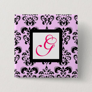 PINK LILAC BLACK DAMASK WHITE SQUARE MONOGRAM 15 CM SQUARE BADGE