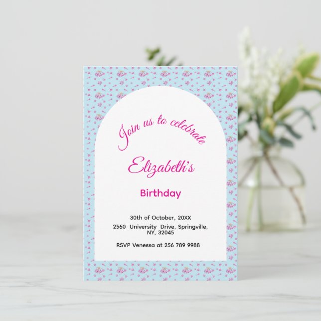 Pink lilac buds pattern Happy Birthday party Invitation (Standing Front)