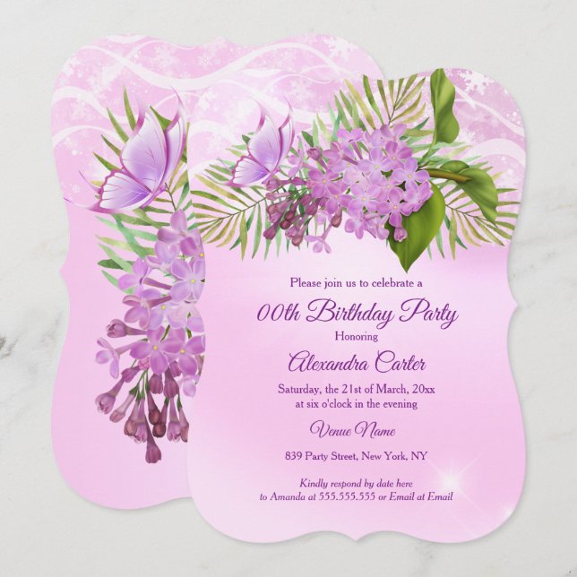 Pink lilac butterfly Floral Pretty Birthday Party Invitation (Front/Back)