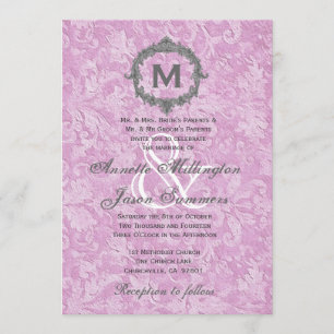 Pink Lilac Damask Silver Vintage Monogram Wedding Invitation