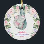 Pink Lilac Floral Elephant Baby First Christmas Ceramic Tree Decoration<br><div class="desc">This adorable design features illustration of a cute baby elephant and stylish watercolor floral greenery in pink,  purple,  green & gold. Use the template fields to add your details. If you want to change the font style,  colour or text placement,  simply click the "Customise Further" button.</div>