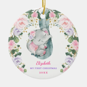 Pink Lilac Floral Elephant Baby First Christmas Ceramic Tree Decoration