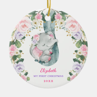 Pink Lilac Floral Elephant Baby First Christmas Ceramic Tree Decoration