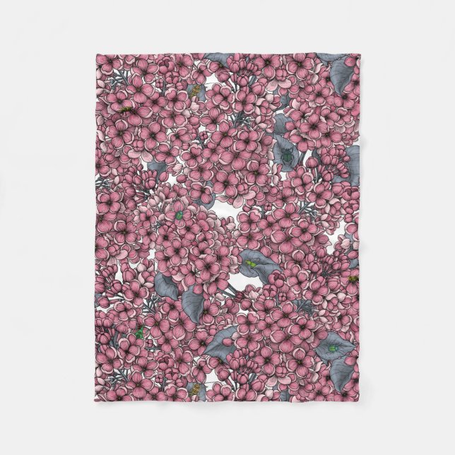 Pink Lilac garden Fleece Blanket (Front)