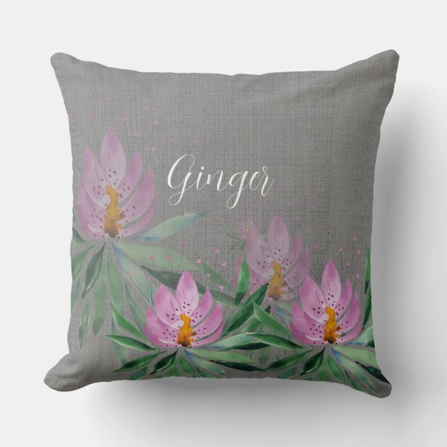 Pink Lilac Lotus Watercolor Art Monogrammed Cushion (Front)