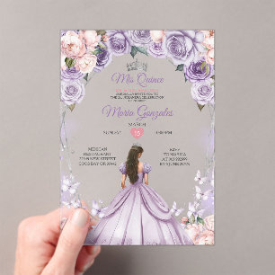 Pink Lilac Mis Quince 15 Anos Crown Quinceañera Acrylic Invitations