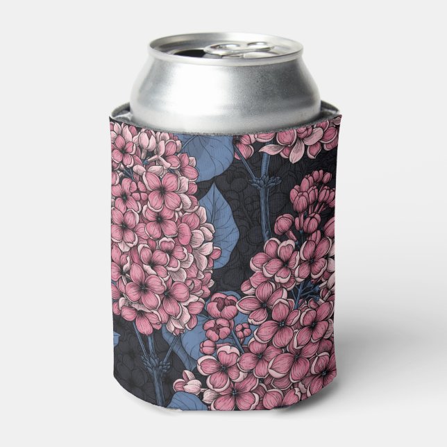 Pink lilac on dark blue can cooler (Can Front)