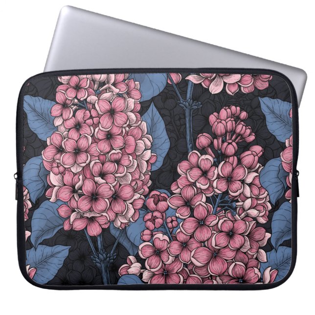 Pink lilac on dark blue laptop sleeve (Front)