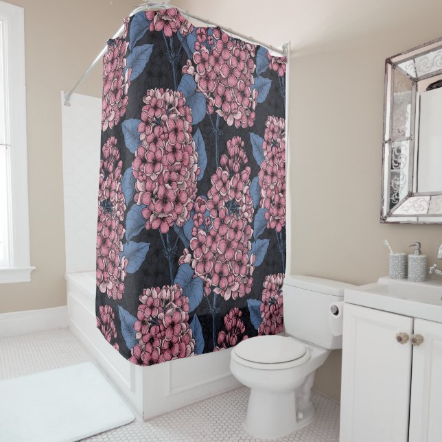 Pink lilac on dark blue shower curtain (In Situ)