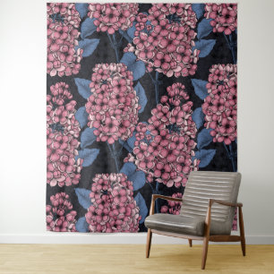 Pink lilac on dark blue tapestry