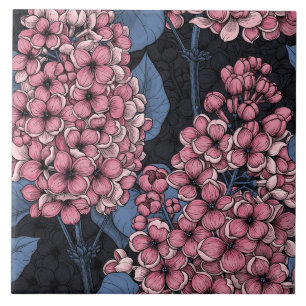 Pink lilac on dark blue tile