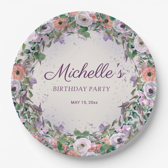 Pink Lilac Purple Watercolor Floral Birthday Paper Plate (Front)