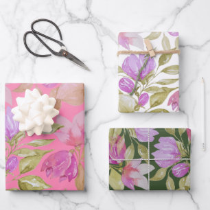 Pink Lilac Watercolor Flowers Hand-painted Wrapping Paper Sheet