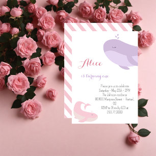 Pink Lilac Whale Sea Fish 1st Birthday Party Invitation