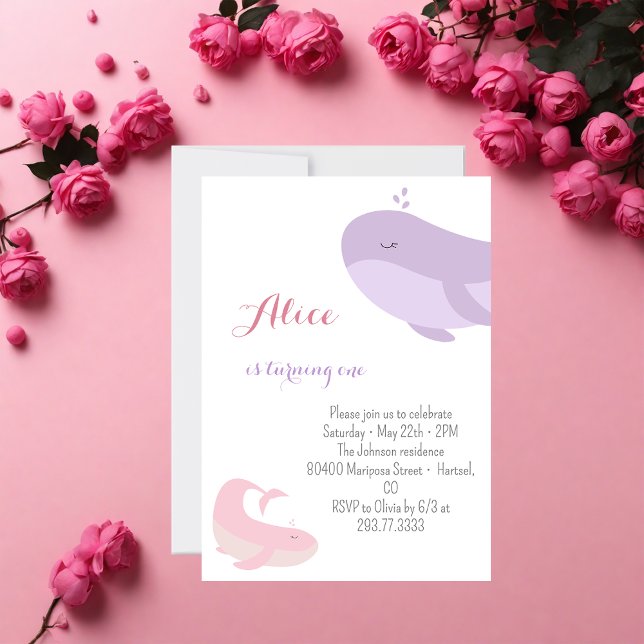 Pink Lilac Whale Sea Fish 1st Birthday Party Invitation (Creator Uploaded)
