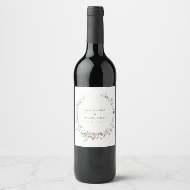 Pink Lilac Wildflower Circle Frame Wedding Wine Label (Front)