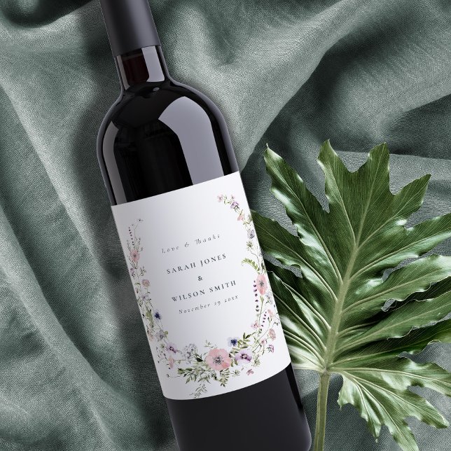 Pink Lilac Wildflower Wreath Wedding Thank You Wine Label (Creator Uploaded)