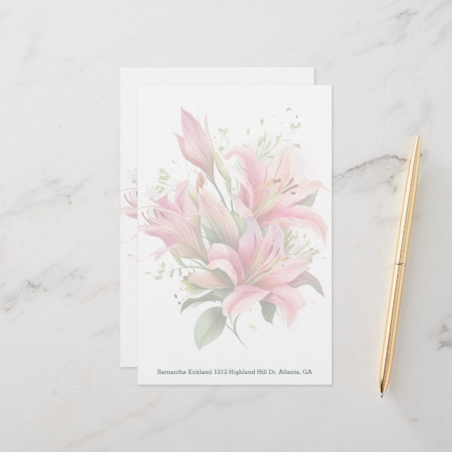 Pink Lilies Custom Stationery (Front/Back In Situ)