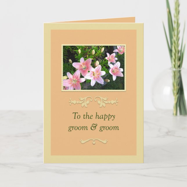 Pink Lilies Groom & Groom Wedding Card (Front)