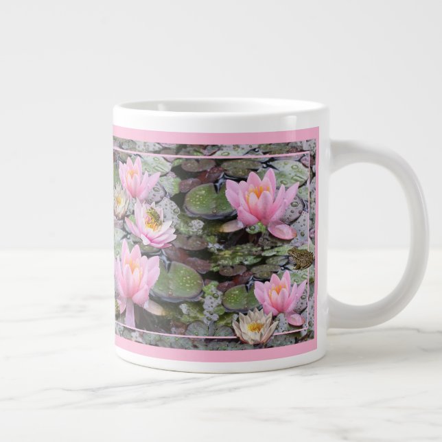 Pink Lilies on a garden pond with little frogs Esp Large Coffee Mug (Right)
