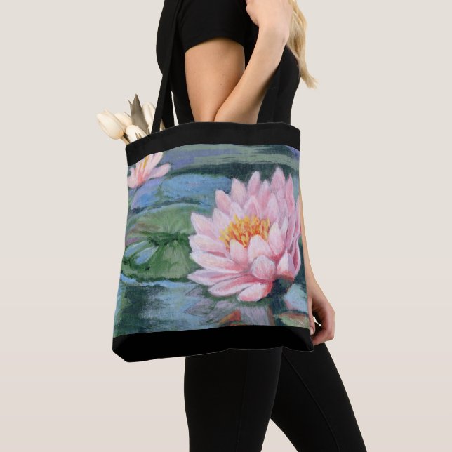 Pink Lilies on Blue Reflections Both Sides Tote (Close Up)