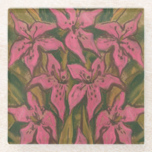 Pink Lilies, pastel painting, flowers, floral art Glass Coaster