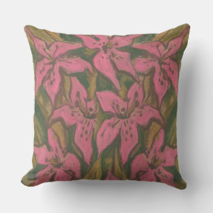 Pink Lilies, pastel painting, flowers, floral art Outdoor Cushion