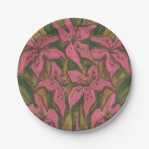 Pink Lilies, pastel painting, flowers, floral art Paper Plate