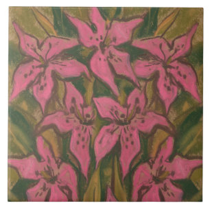 Pink Lilies, pastel painting, flowers, floral art Tile