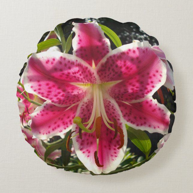 Pink lilies pink tropical flowers pink floral round cushion (Front)