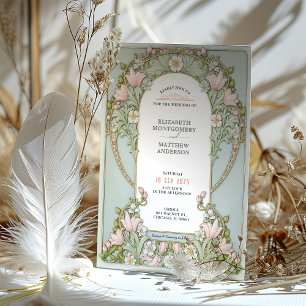 Pink Lilies Spring Art Nouveau Wedding Invitation
