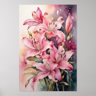 Pink Lilies - Watercolor Flowers - Floral Art Poster
