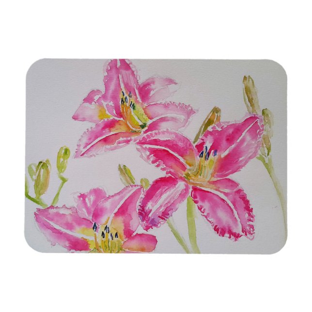 Pink Lilies Watercolour Birthday Card Magnet (Horizontal)