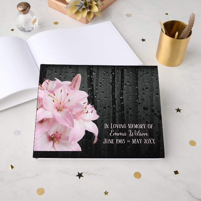 Pink Lilies With Raindrops Funeral Guest Book (Front Open)