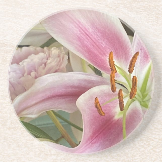 Pink Liliy & Peony Sandstone Coaster (Front)