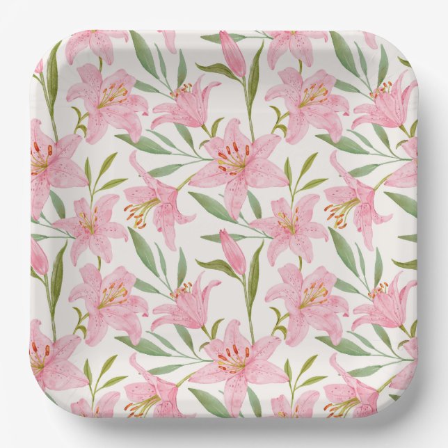 Pink Lillies Floral Birthday Party Shower Wedding Paper Plate (Front)