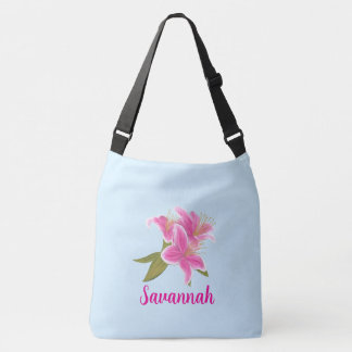 Pink Lillies on Blue Background Crossbody Bag