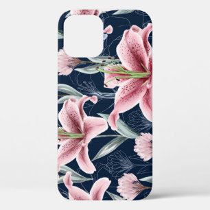 Pink Lilly Flower Seamless Pattern. iPhone 12 Case