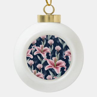 Pink Lilly Flower Seamless Pattern. Ceramic Ball Christmas Ornament