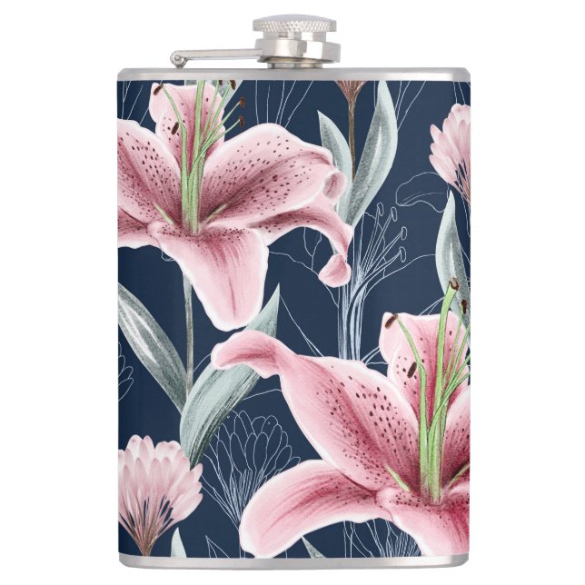 Pink Lilly Flower Seamless Pattern. Hip Flask (Front)