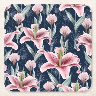 Pink Lilly Flower Seamless Pattern. Square Paper Coaster