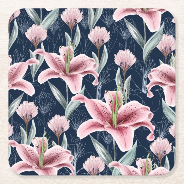 Pink Lilly Flower Seamless Pattern. Square Paper Coaster (Front)